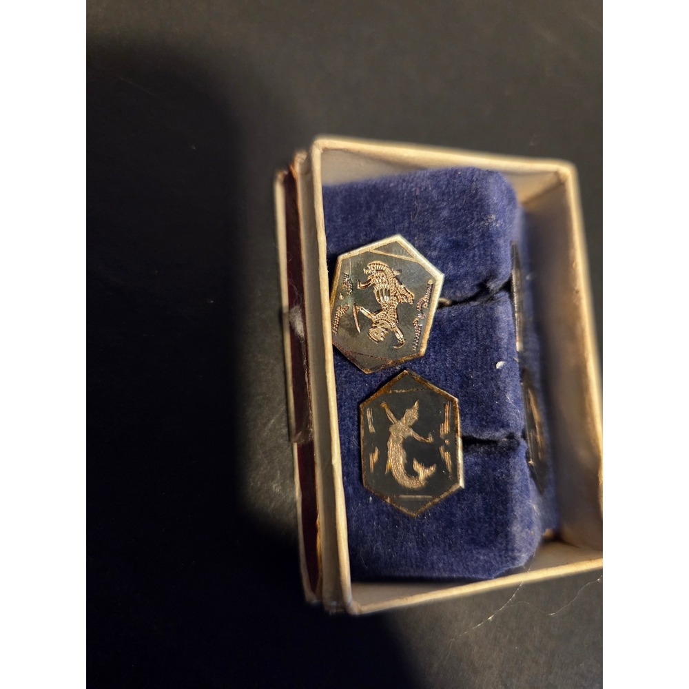 Vintage Siamese Niello Sterling Silver Cufflinks Tie Tack Set Thai Goddess Boxed